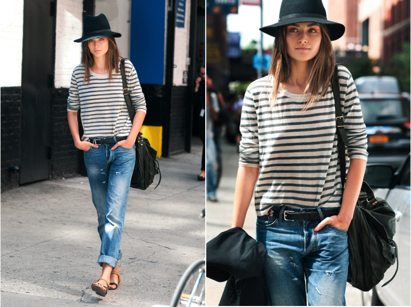 Чуть стиль. Шляпа с джинсами. Полосатая футболка во французском стиле. Шляпа-Федора повседневные образы. Модный французский образ в полосатой кофте.
